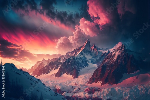 Beautiful Digital Illustration Snow-Covered Mountains with Pink Sunset Sky © Carl & Heidi