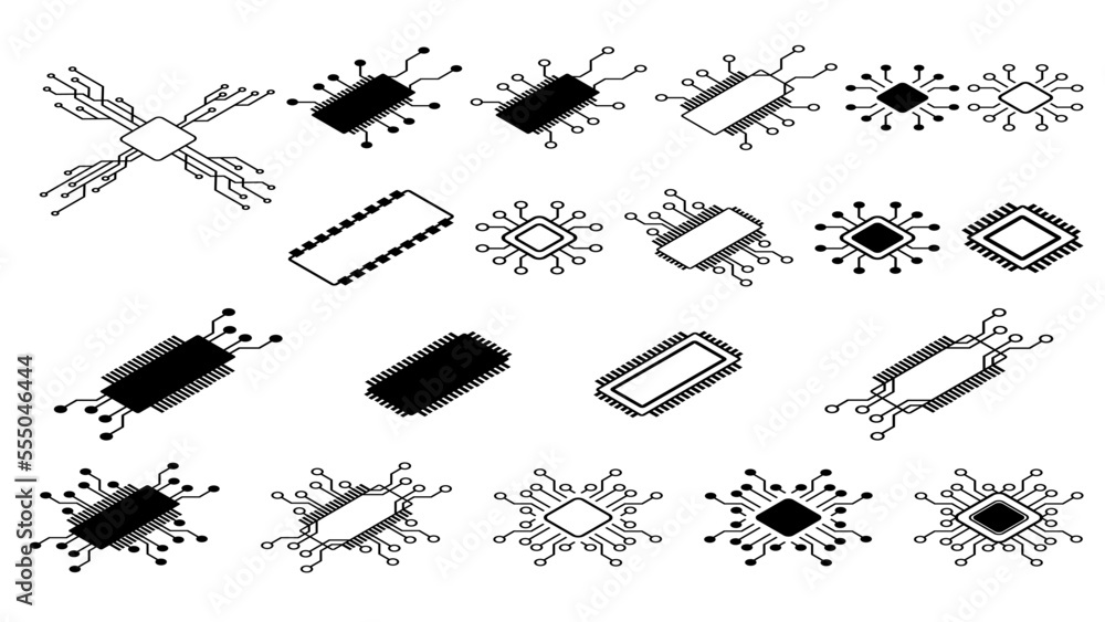 Isometric set of simple schematic chips and components for ...