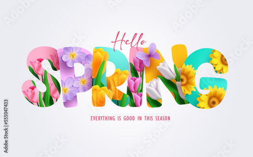 Spring flower text vector design. Hello spring text, font and letters with colorful and blooming flowers decoration elements. Vector Illustration.