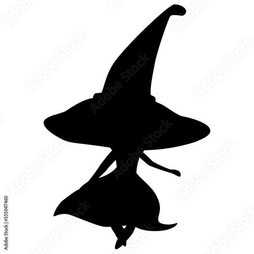 Black silhouette of sorceress in dress and cloak with big witches hat isolated on white background. Design element.
