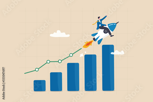 Business growth, investment profit increase, growing fast or improvement sales and revenue, progress or development concept, businessman riding rocket on growth bar graph or rising up revenue chart. photo