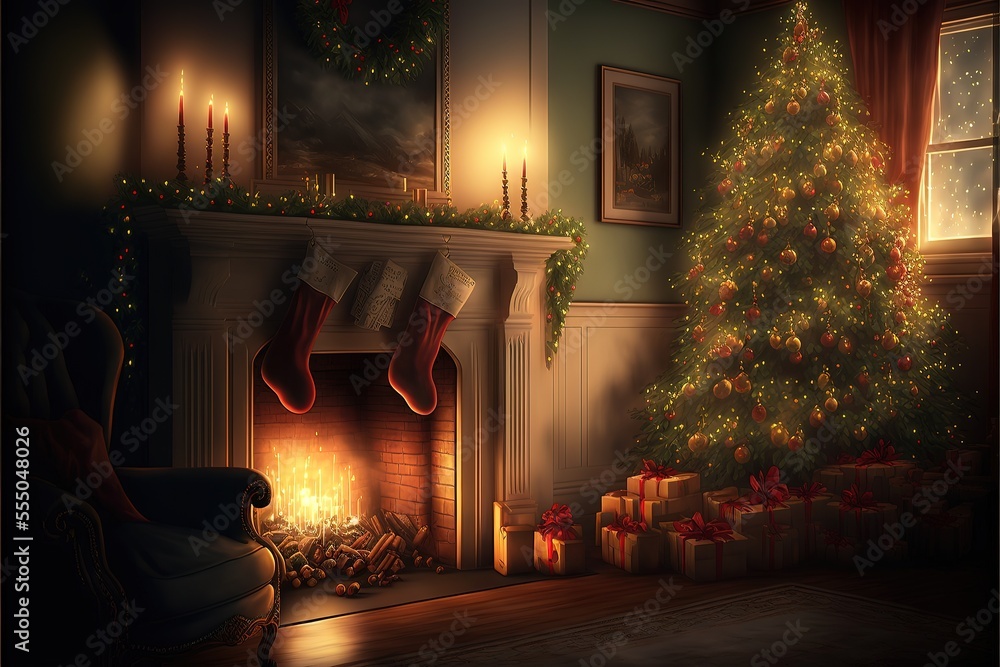 Glowing Christmas fireplace and living room, with tree, and stockings hanging from mantel by fireplace.Waiting for Santa. Generative AI
