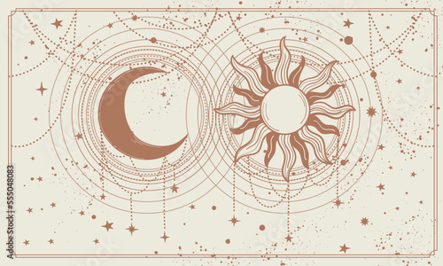 Celestial space background with sun and mysterious moon, banner for astrology, zodiac, tarot landing page. Hand drawn by line in natural colors, magical vector illustration.