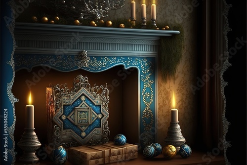 Hanukkah decorations and gifts around a fireplace. Generative AI © Create image
