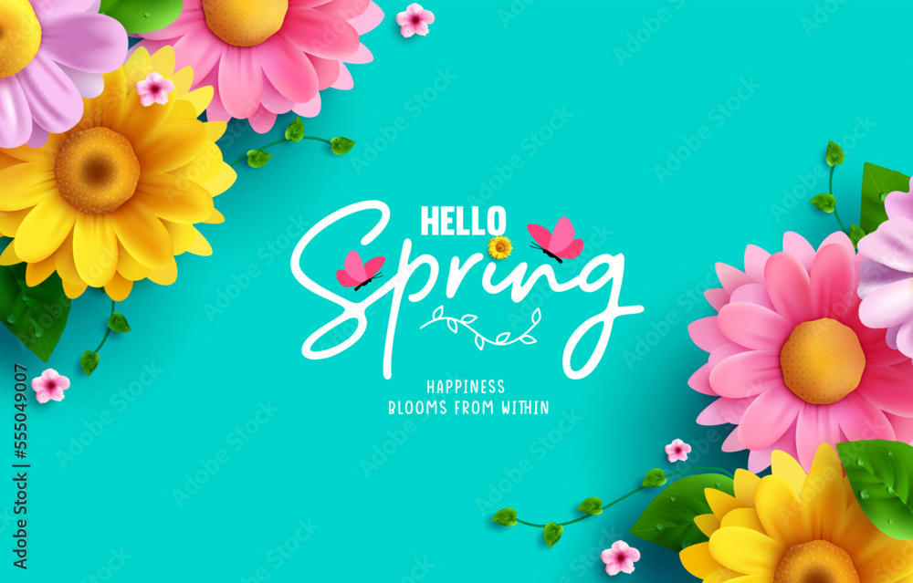 Hello spring text vector background design. Spring greeting typography with fresh bloom flowers and butterfly elements in empty space for holiday season celebration. Vector Illustration.  - obrazy, fototapety, plakaty 