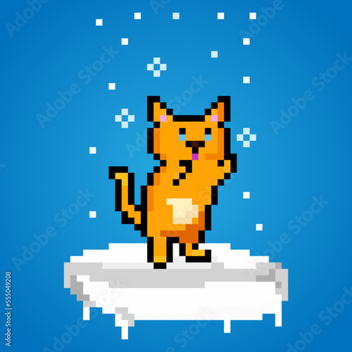 Pixel cute orange cat playing with snow