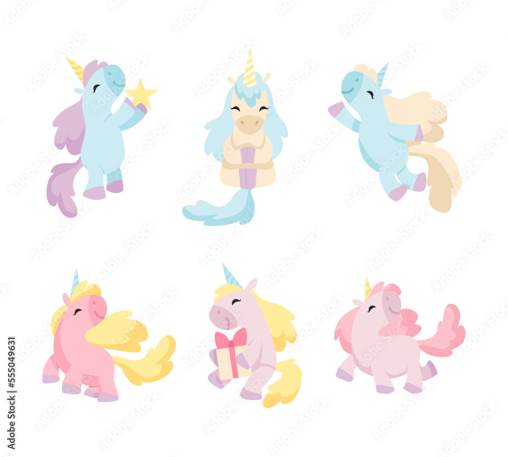 Cute Unicorn Character with Pointed Spiraling Horn and Colorful Mane Vector Set Cute Unicorn Character with Pointed Spiraling Horn and Colorful Mane Vector Set