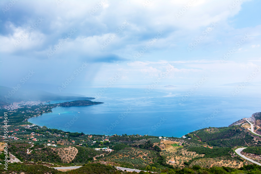 Panoramic view of the Saronic Gulf and the city of Palaia Epidavros on the Peloponnese Peninsula in Greece