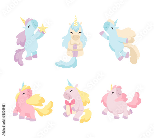 Cute Unicorn Character with Pointed Spiraling Horn and Colorful Mane Vector Set