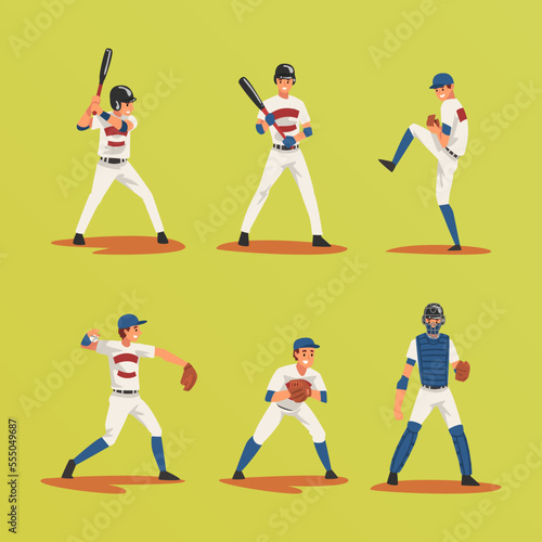 Baseball Player on Green Sport Field Playing Bat-and-ball Game Vector Set