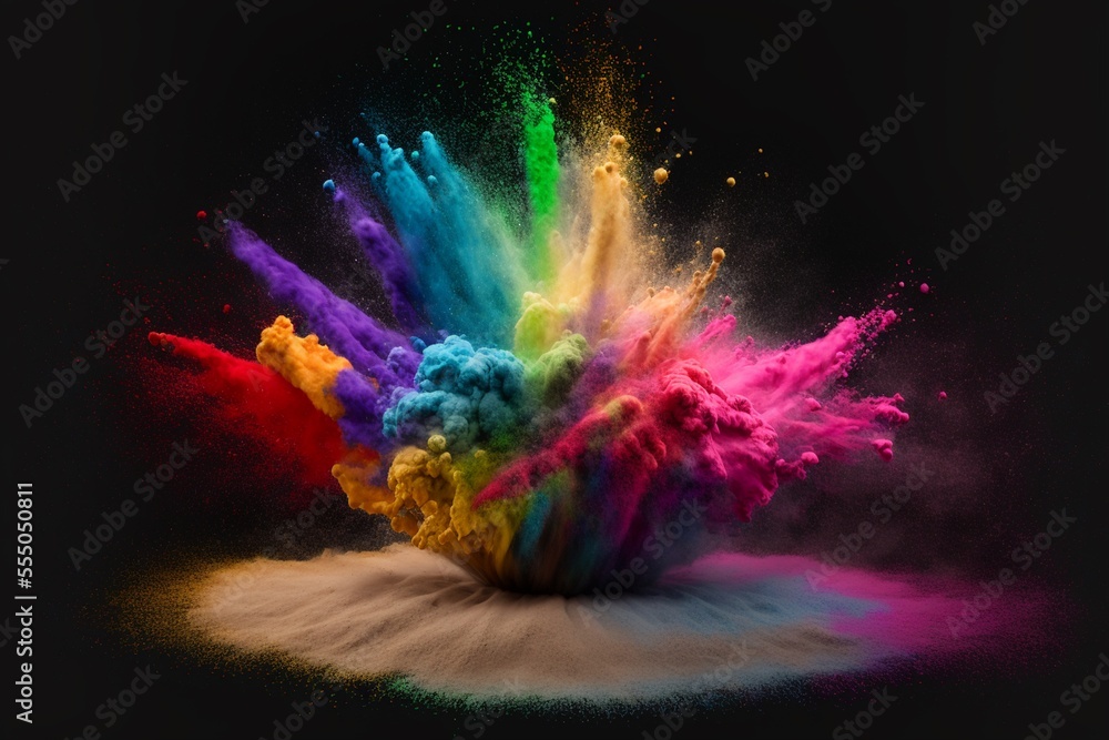 Explosion mit bunten Holi Farben Pulver für Festival und Druckvorlage, ai generativ
