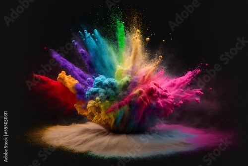 Explosion mit bunten Holi Farben Pulver für Festival und Druckvorlage, ai generativ photo