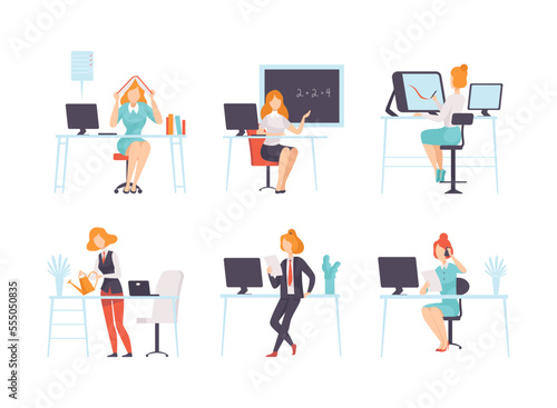Work and Career with Woman Working and Performing Different Activity Vector Set