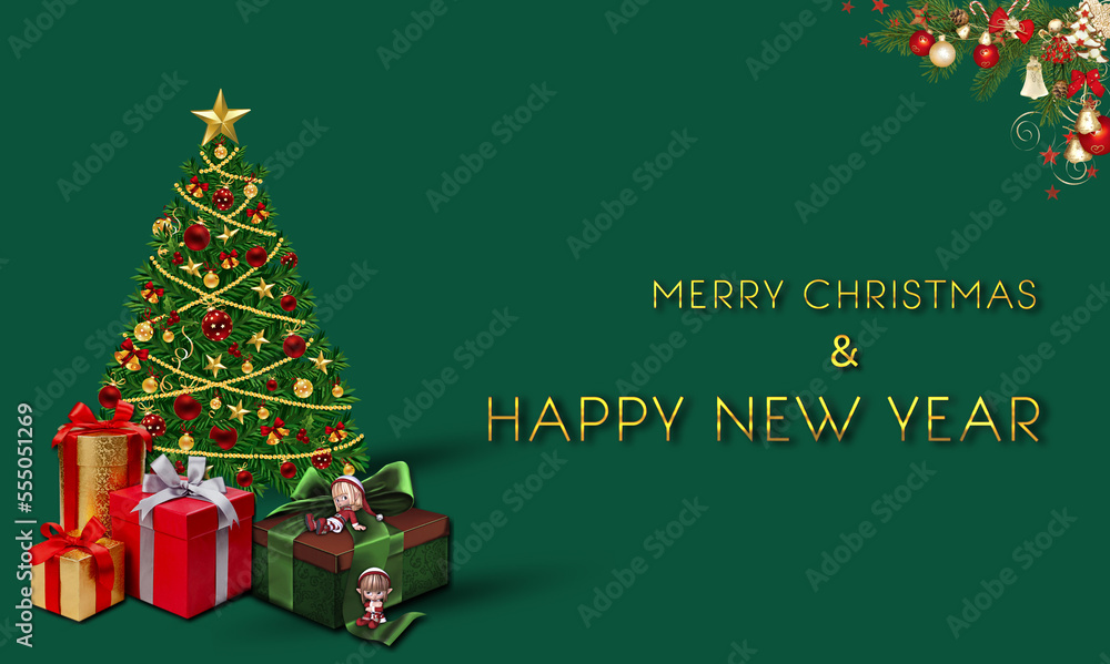 Merry Christmas and Happy New year golden metallic text isolated on green background, Christmas tree and gifts. Xmas card design, New year wishes, social media poster, banner, greeting card.