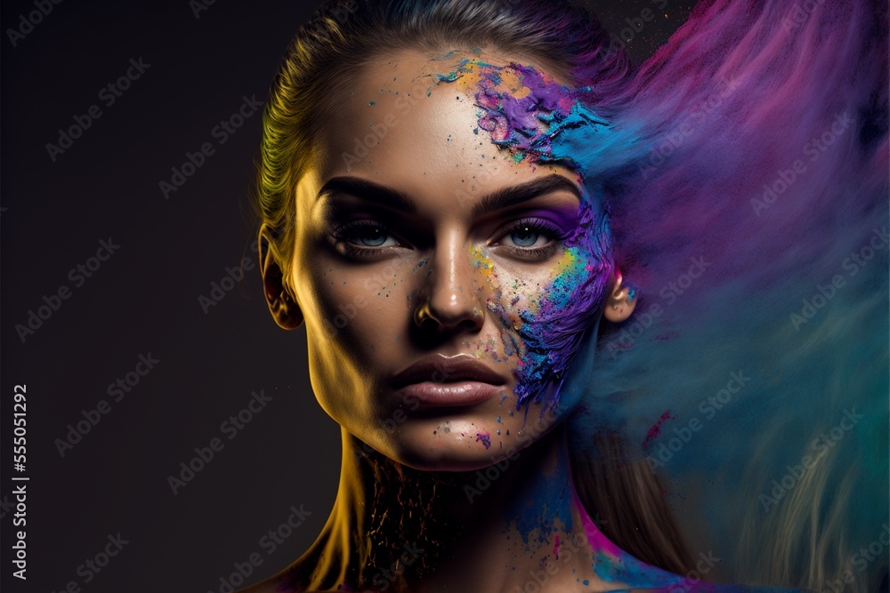 Gesicht einer Frau mit Farbexplosion Holifarben Pulver, AI generativ Gesicht einer Frau mit Farbexplosion Holifarben Pulver, AI generativ