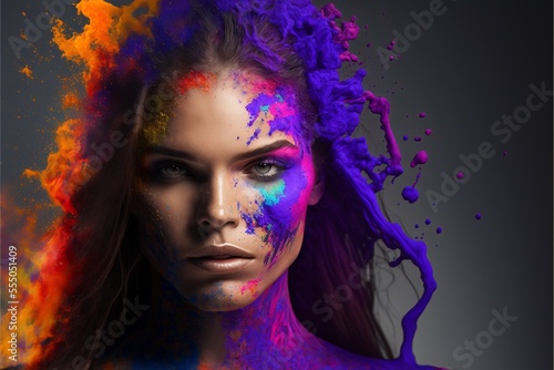 Gesicht einer Frau mit Farbexplosion Holifarben Pulver, AI generativ erzeugtes Foto 