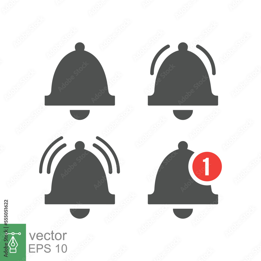 Fototapeta premium Message bell icon set. Simple flat style. Alert ringing, notice, notification, doorbell symbol for social media, subscriber alarm concept. Vector illustration isolated on white background. EPS 10.