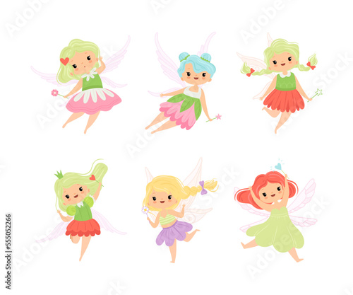 Cute Little Pixie Girl with Ethereal Wings Flying with Magic Wand Vector Set