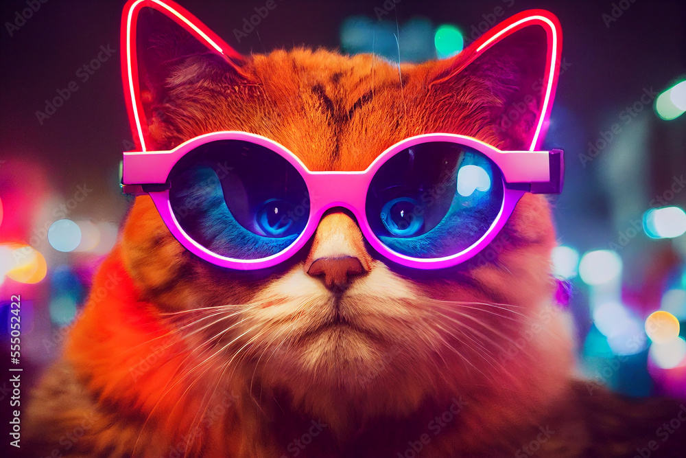 Futuristic cat with smart glasses at neon colored downtown city