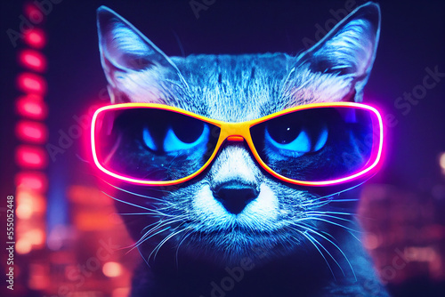 Futuristic cat with smart glasses at neon colored downtown city © surassawadee