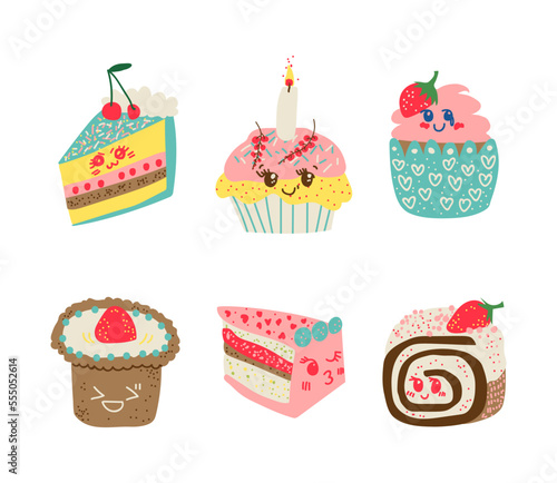 Cute Sweet Kawaii Dessert with Smiling Face Vector Set