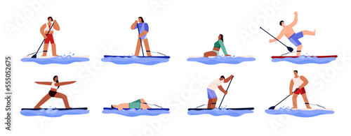 Set of paddle boarding people flat style, vector illustration