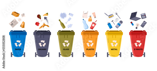 Set of colorful garbage containers for waste sorting flat style