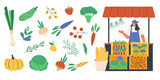 Set of fruits and vegetables, market stall and female seller - flat vector illustration on white background.
