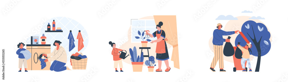 Family household joint chores and house clean up set, flat vector isolated.