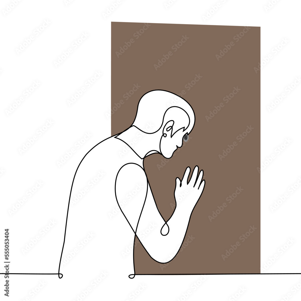 man standing at the door looking through the peephole - one line drawing vector. concept an unexpected guest, an introvert does not want to let in, a neighbor peeps man standing at the door looking through the peephole - one line drawing vector. concept an unexpected guest, an introvert does not want to let in, a neighbor peeps