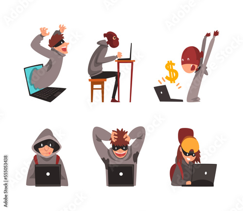 Hacker and cyber criminals stealing private personal data and money. Cyber crime and fraud cartoon vector