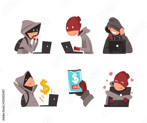 Hacker, scammer stealing private personal data and money from laptop. Cyber crime and fraud cartoon vector illustration