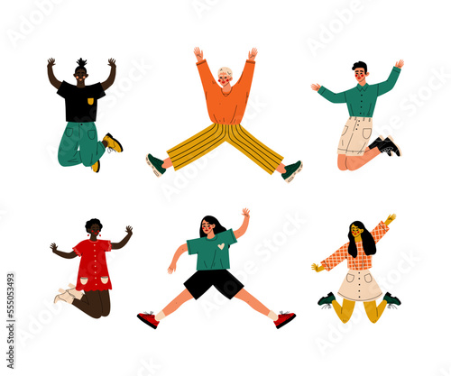 Happy multiracial people jumping in air set. Girls and guys in modern stylish clothes celebrating success  having fun cartoon vector illustration