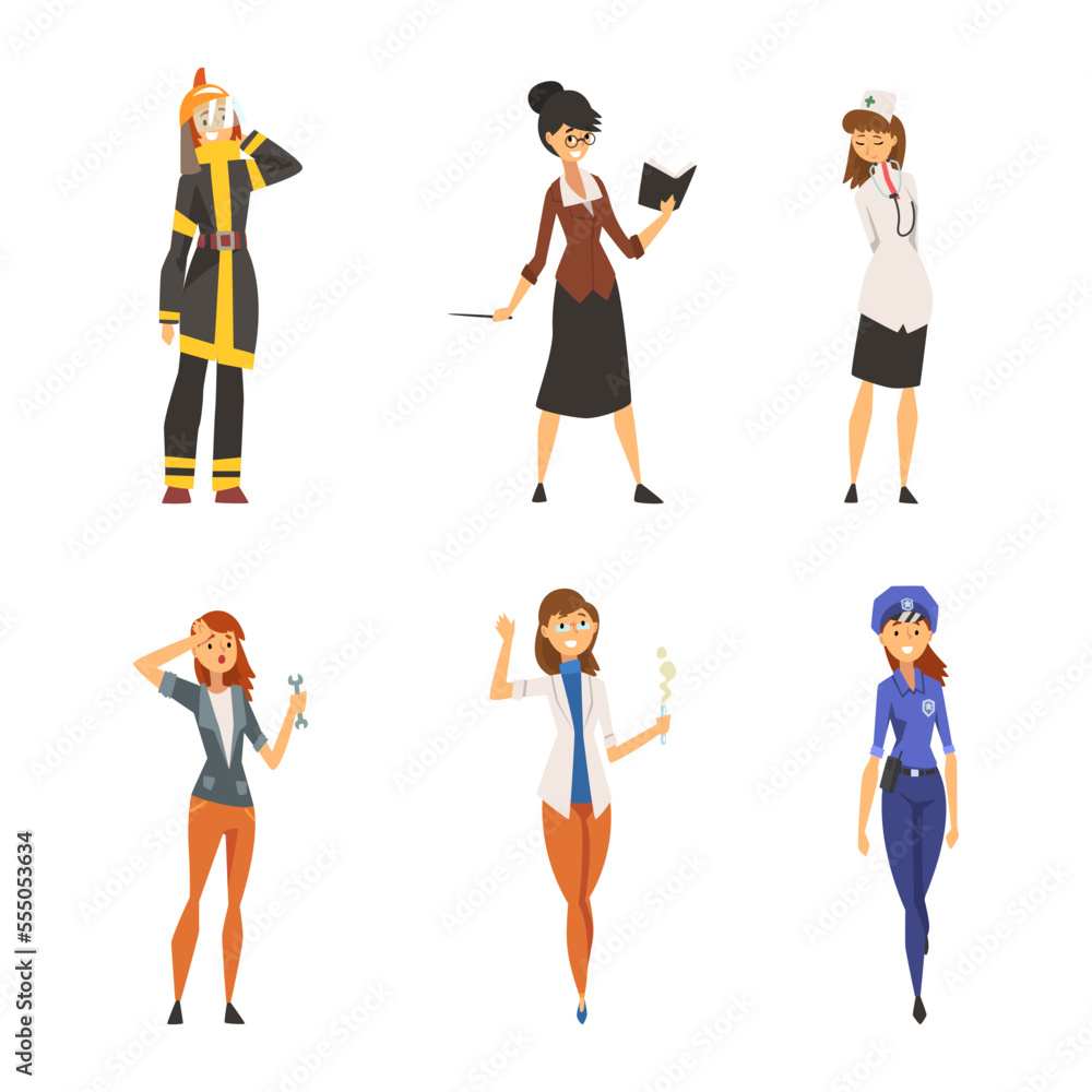 Set of women of different professions. Firefighter, teacher, doctor, police woman, scientist cartoon vector illustration Set of women of different professions. Firefighter, teacher, doctor, police woman, scientist cartoon vector illustration