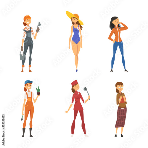 Set of women of different professions. Builder, fashion model, trainer, gardener, chef cook, librarian cartoon vector illustration