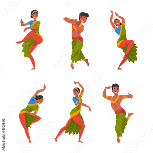 Set of Indian people performing traditional dance dressed national clothes cartoon vector illustration