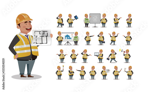 Set of flat engineer with different poses