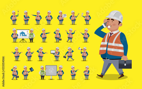Set of flat engineer with different poses