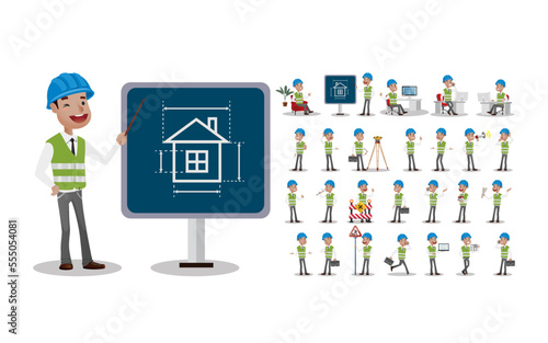 Set of flat engineer with different poses