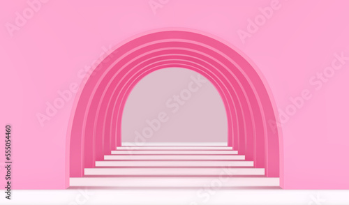 Empty corridor of several round arches in perspective with pink walls, white floor and shadows. Minimal background. Abstract architecture. Vector illustration of archway. Inside interior