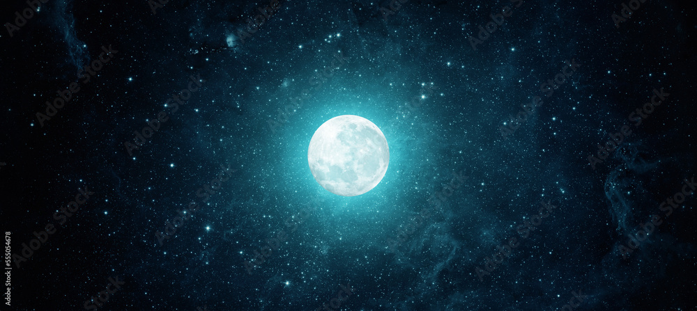 Full moon against the background of the starry sky. Lunar background in turquoise color. Moon and stars view from space.