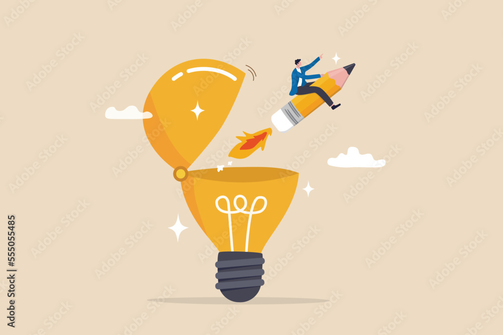 Creativity to create new idea, imagination or invention, inspiration, education or genius idea, writing content or boost creative thinking concept, man riding pencil rocket from opening lightbulb. - obrazy, fototapety, plakaty 