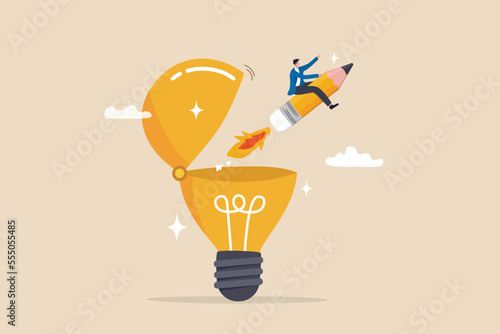 Fotobehang Creativity to create new idea, imagination or invention, inspiration, education or genius idea, writing content or boost creative thinking concept, man riding pencil rocket from opening lightbulb
