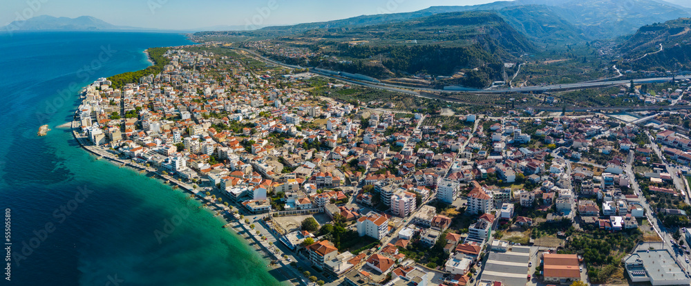 Aerial view of the city Xylokastro in Greece on an early morning in autumn