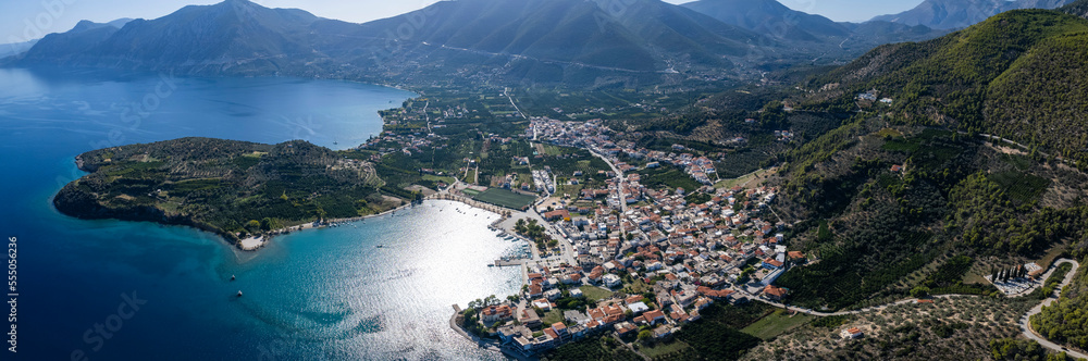 Aerial view around the city Epidauros in Greece on a sunny day.	