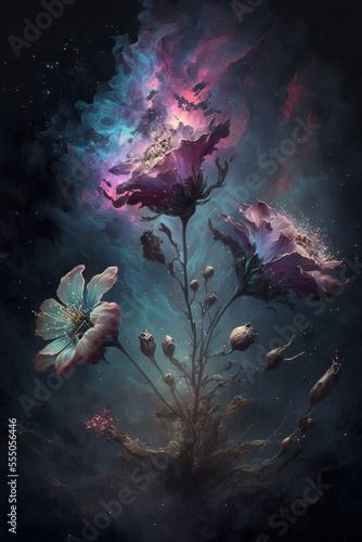 Beautiful abstract cosmic flowers. AI 