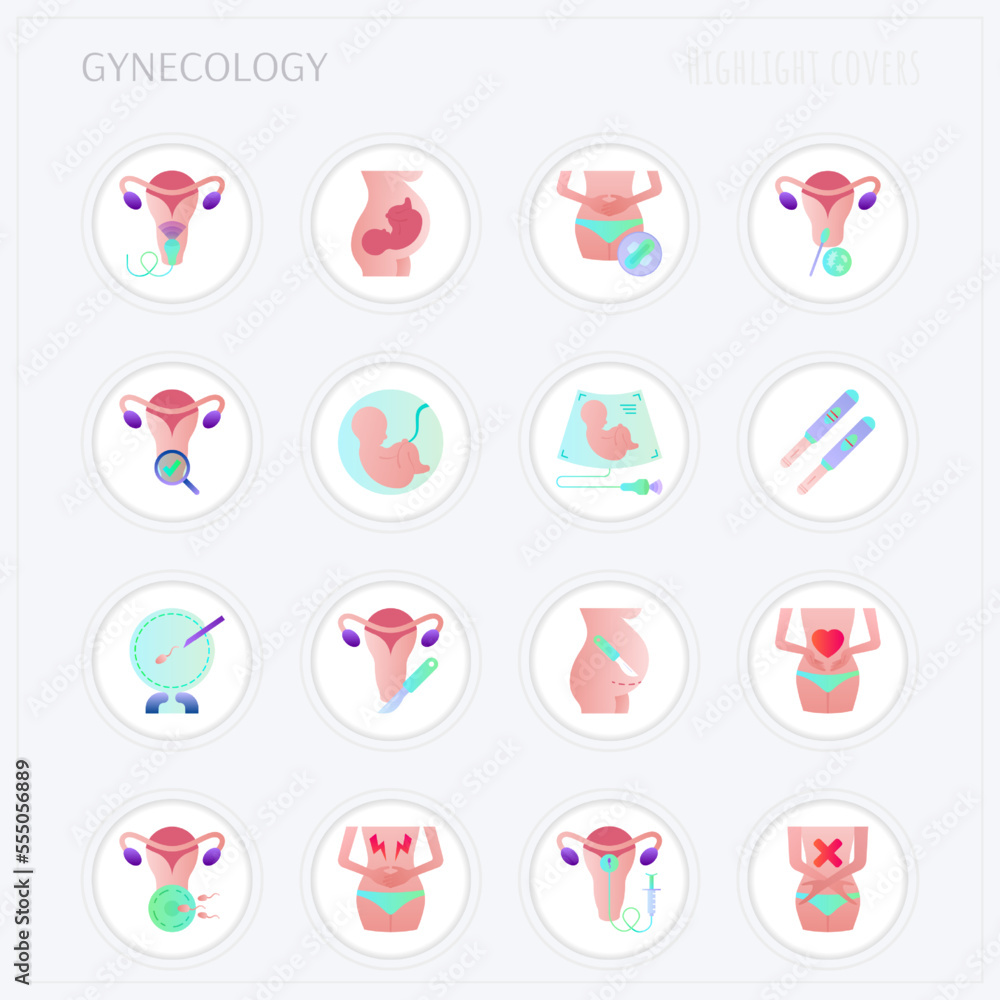 Gynecology flat gradient icons set. Ultrasound, artificial fertilization, pregnancy, fetus, menstration, cesarian section, intrauterine insemination. Highlights for stories. Vector illustration