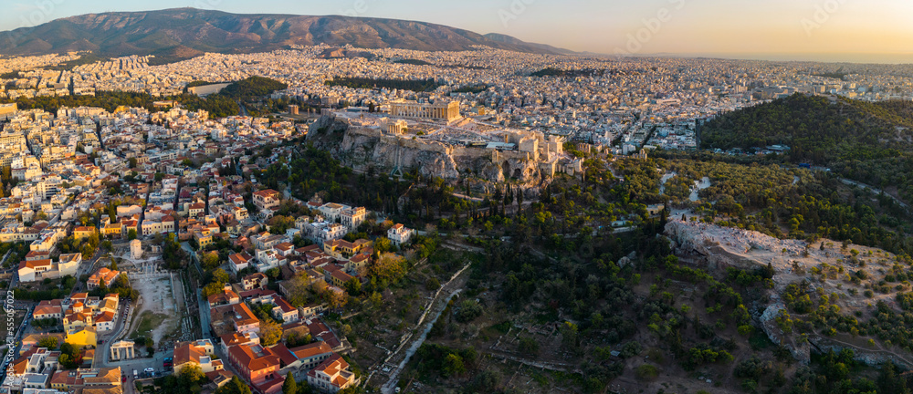 Aerial view around the capital city Athens in Greece on a sunny afternoon in fall.