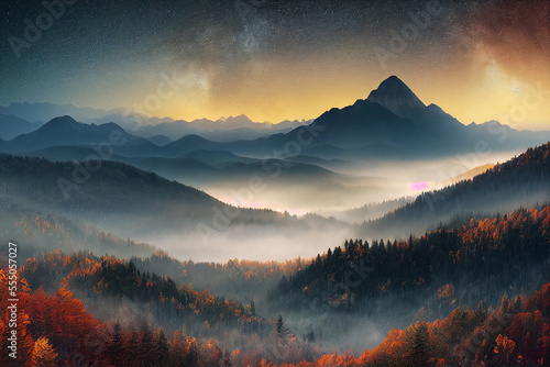 fantastic wonderland landscape Milky Way above mountains in fog at night in autumn © surassawadee