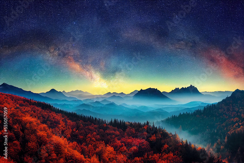 fantastic wonderland landscape Milky Way above mountains in fog at night in autumn © surassawadee